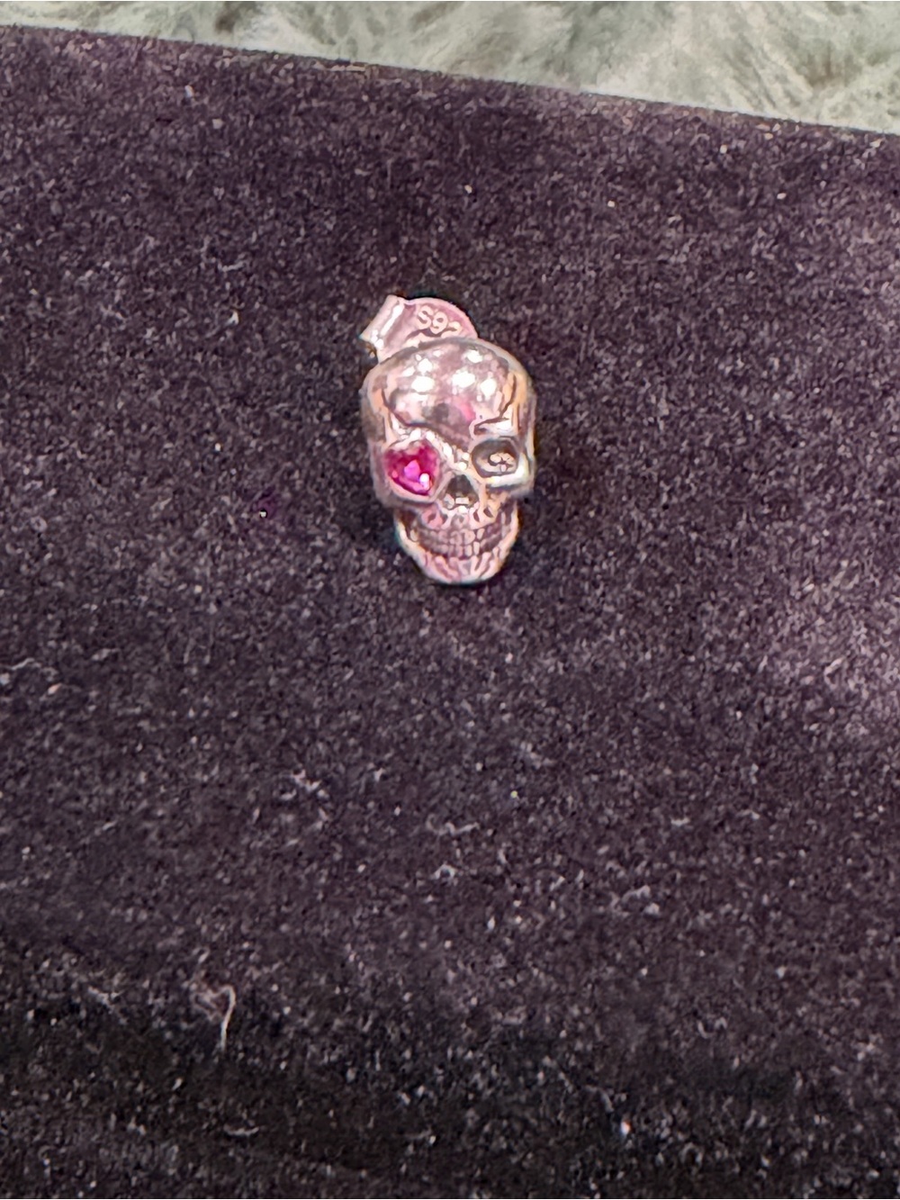 Sterling Silver Skull earring with Pink Heart Accent